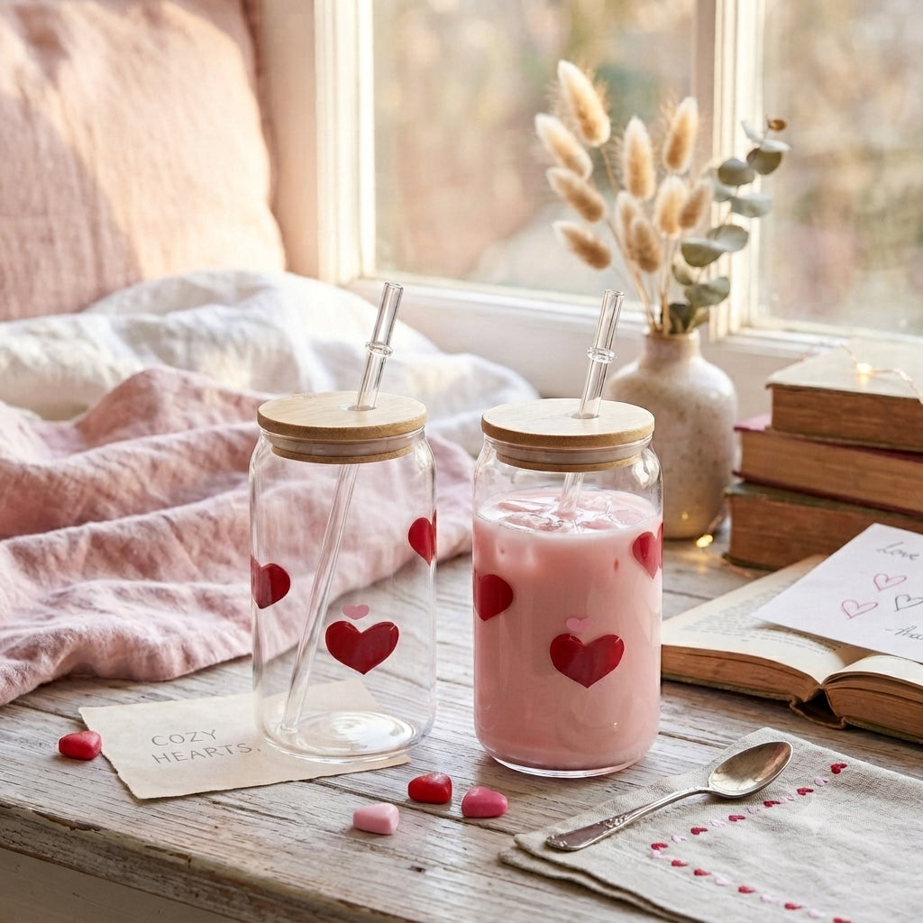 JS Gourmet Gobelets en verre Icon 3D avec couvercle en bambou et paille en verre, cœur rouge (ensemble de 2) - Simple Boutique