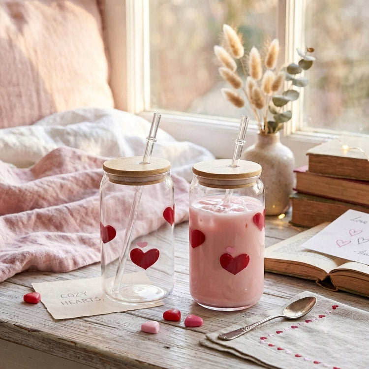 JS Gourmet Gobelets en verre Icon 3D avec couvercle en bambou et paille en verre, cœur rouge (ensemble de 2) - Simple Boutique