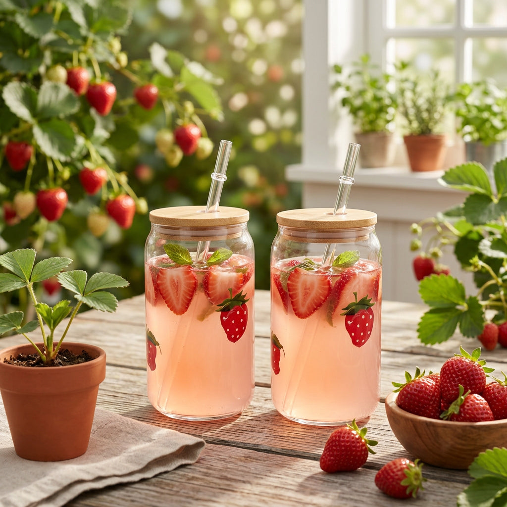 JS Gourmet Gobelets en verre Icon 3D avec couvercle en bambou et paille en verre, fraise - Lot de 2 - Simple Boutique