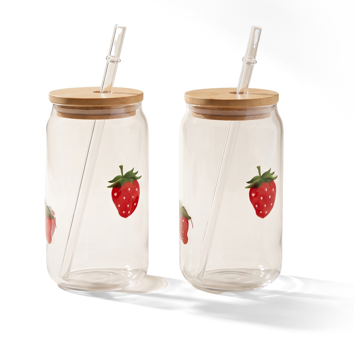 JS Gourmet Gobelets en verre Icon 3D avec couvercle en bambou et paille en verre, fraise - Lot de 2 - Simple Boutique