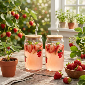 JS Gourmet Gobelets en verre Icon 3D avec couvercle en bambou et paille en verre, fraise (ensemble de 2) - Simple Boutique