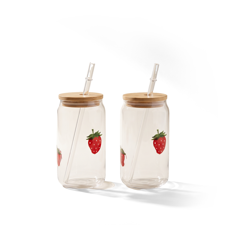 JS Gourmet Gobelets en verre Icon 3D avec couvercle en bambou et paille en verre, fraise (ensemble de 2) - Simple Boutique