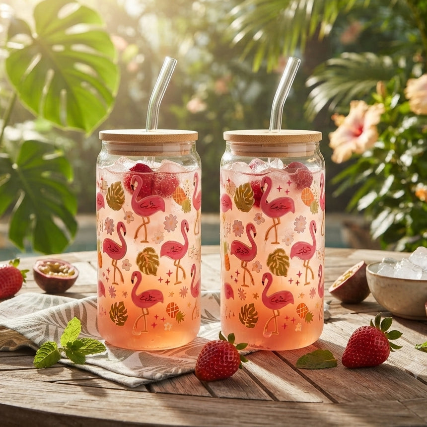 JS Gourmet Gobelets en verre Tropical Flamingo avec paille en verre et couvercle en bambou - Lot de 2 - Simple Boutique