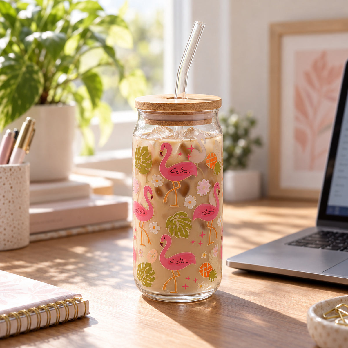 JS Gourmet Gobelets en verre Tropical Flamingo avec paille en verre et couvercle en bambou - Lot de 2 - Simple Boutique