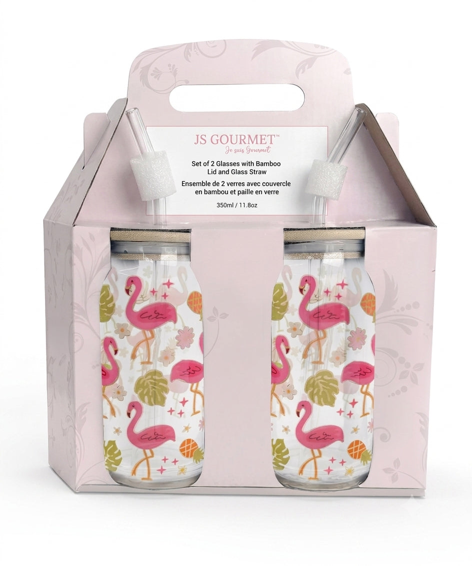 JS Gourmet Gobelets en verre Tropical Flamingo avec paille en verre et couvercle en bambou - Lot de 2 - emballage - Simple Boutique