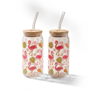 JS Gourmet Gobelets en verre Tropical Flamingo avec paille en verre et couvercle en bambou - Lot de 2 - Simple Boutique
