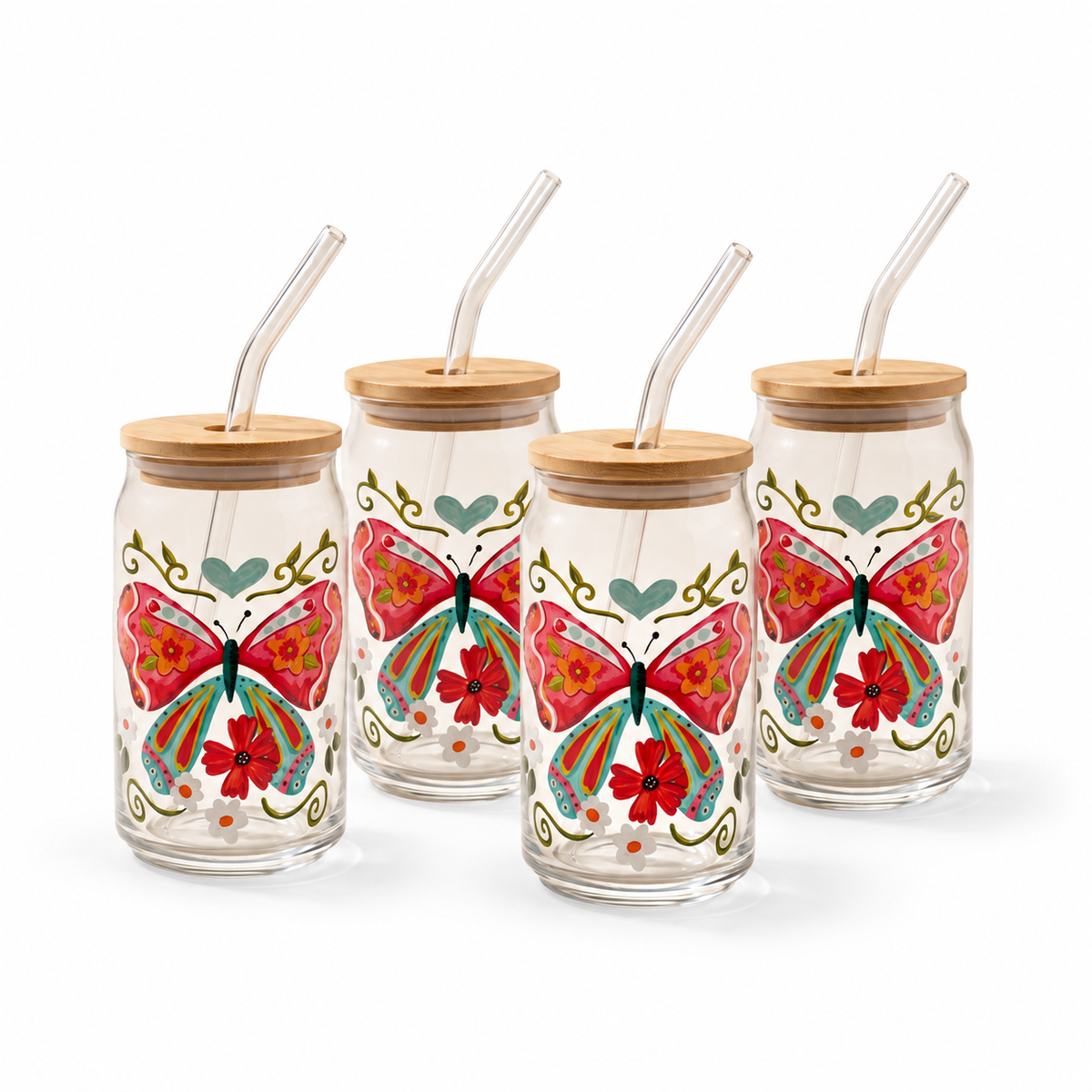 JS Gourmet Gobelets en verre avec couvercle en bambou et paille en verre, 350 ml - Butterfly Fiesta - Lot de 4 - Simple Boutique