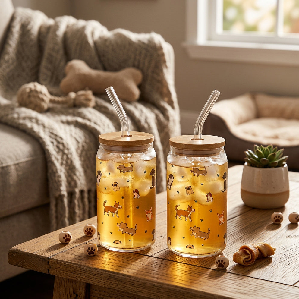 JS Gourmet Gobelets en verre avec couvercle en bambou et paille en verre, 350 ml - Chiens - Lot de 4 - Simple Boutique
