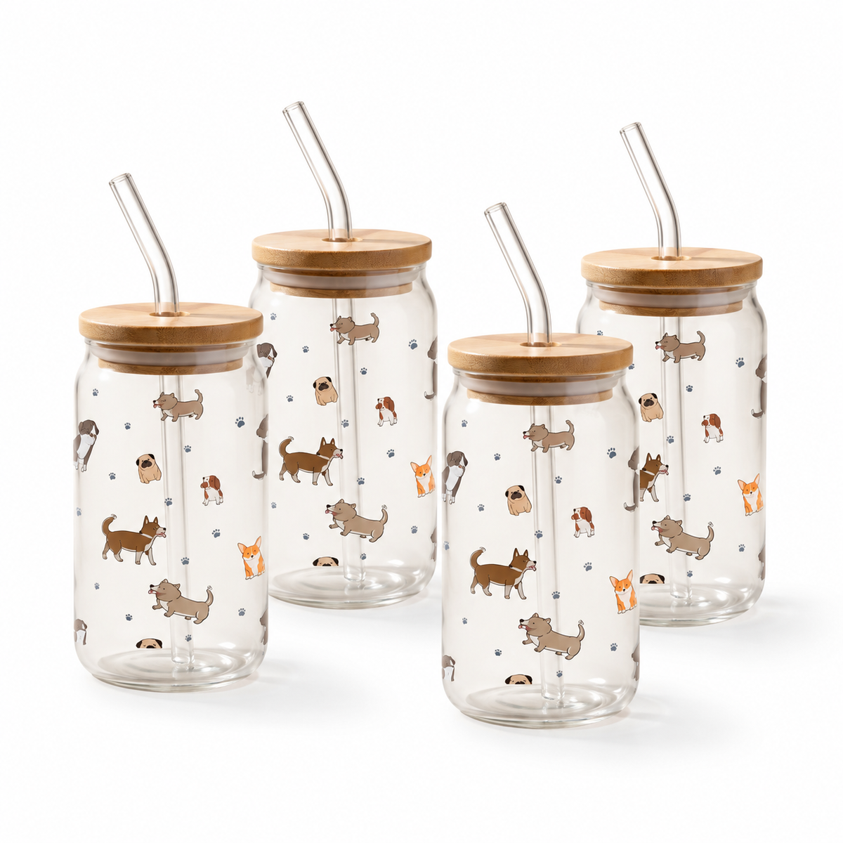 JS Gourmet Gobelets en verre avec couvercle en bambou et paille en verre, 350 ml - Chiens - Lot de 4 - Simple Boutique