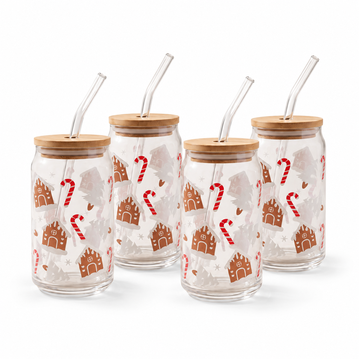 JS Gourmet Gobelets en verre avec couvercle en bambou et paille en verre, 350 ml - Pain d'épice et canne à sucre - Lot de 4 - Simple Boutique