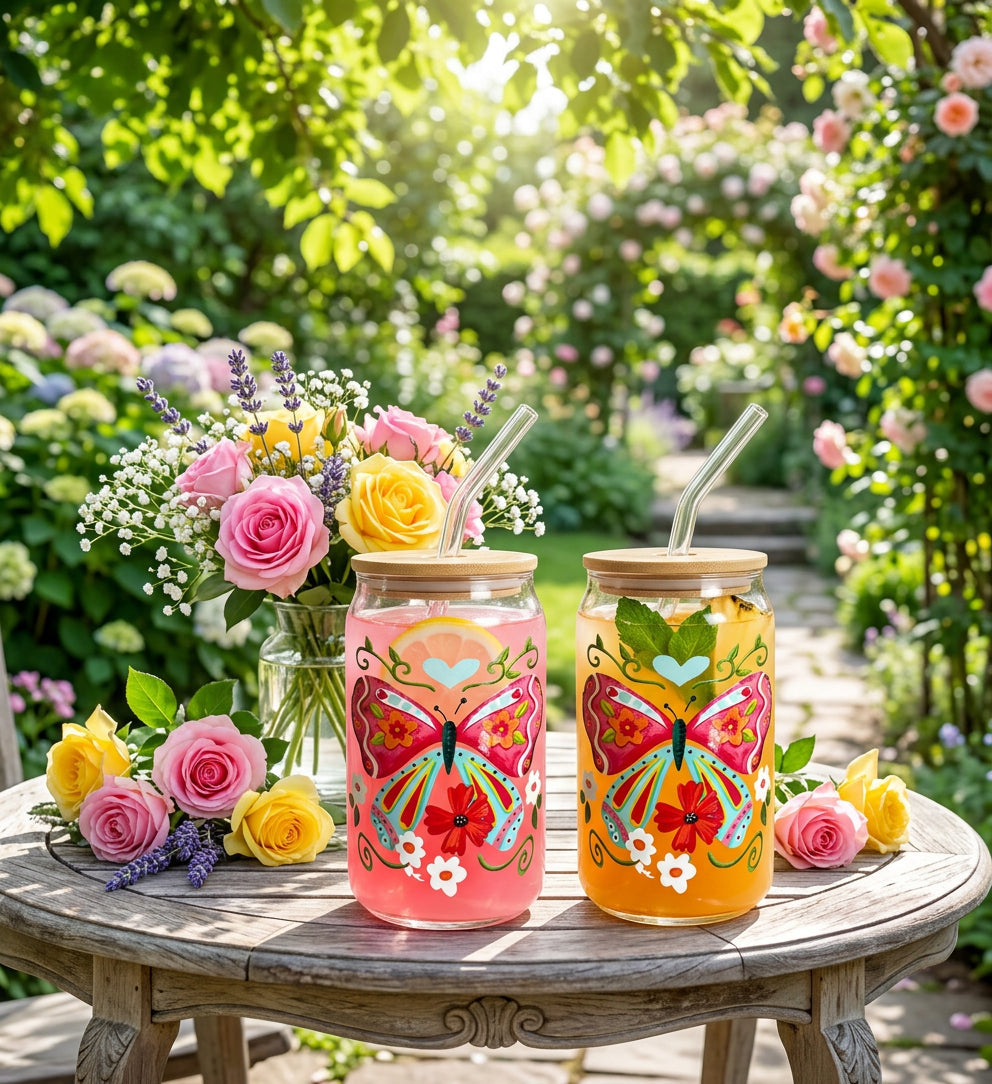 JS Gourmet Gobelets en verre avec couvercle en bambou et paille en verre, 350 ml (lot de 2) - Butterfly Fiesta - Simple Boutique