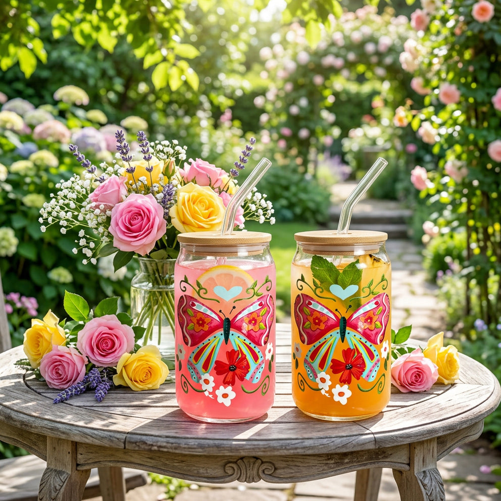 JS Gourmet Gobelets en verre avec couvercle en bambou et paille en verre, 350 ml (lot de 2) - Butterfly Fiesta - Simple Boutique
