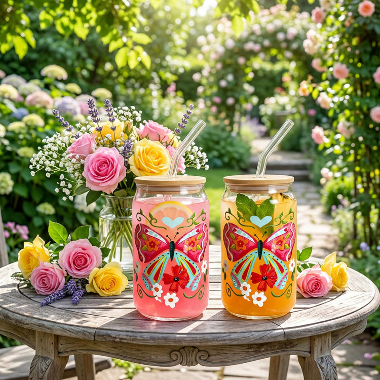JS Gourmet Gobelets en verre avec couvercle en bambou et paille en verre, 350 ml (lot de 2) - Butterfly Fiesta - Simple Boutique