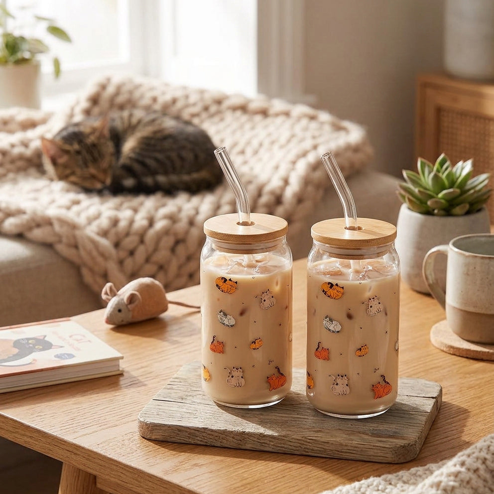 JS Gourmet Gobelets en verre avec couvercle en bambou et paille en verre, 350 ml (lot de 2) - Chats - Simple Boutique