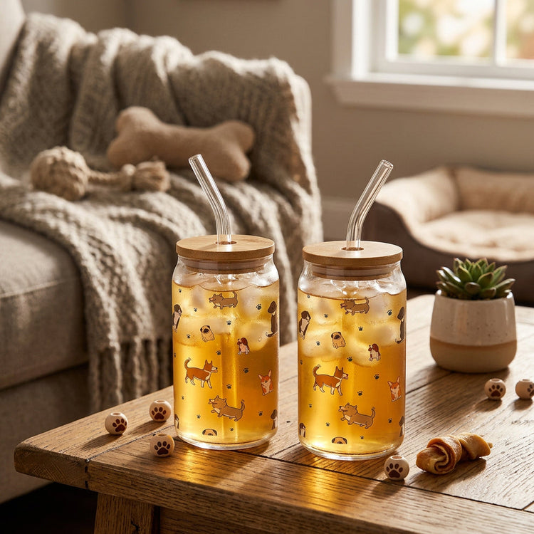 JS Gourmet Gobelets en verre avec couvercle en bambou et paille en verre, 350 ml (lot de 2) - Chiens - Simple Boutique