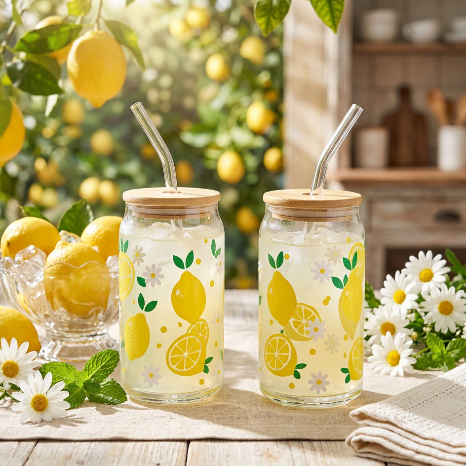 JS Gourmet Gobelets en verre avec couvercle en bambou et paille en verre, 350 ml (lot de 2) - Citrons - Simple Boutique