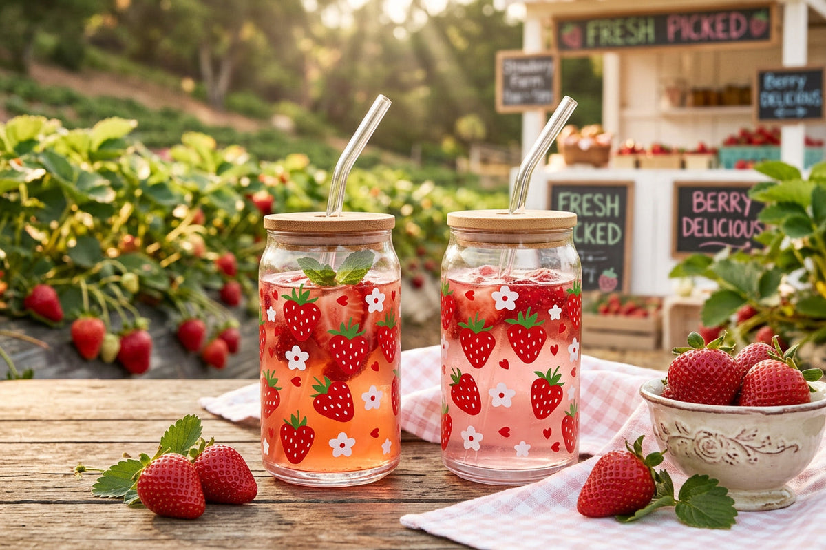 JS Gourmet Gobelets en verre avec couvercle en bambou et paille en verre, 350 ml (lot de 2) - Fraise - Simple Boutique