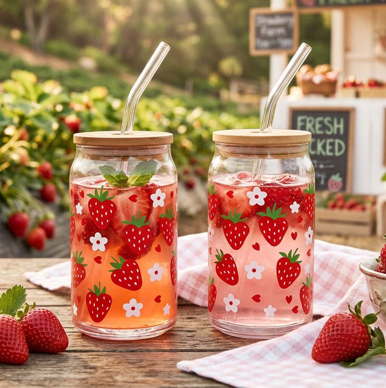 JS Gourmet Gobelets en verre avec couvercle en bambou et paille en verre, 350 ml (lot de 2) - Fraise - Simple Boutique