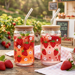 JS Gourmet Gobelets en verre avec couvercle en bambou et paille en verre, 350 ml (lot de 2) - Fraise - Simple Boutique