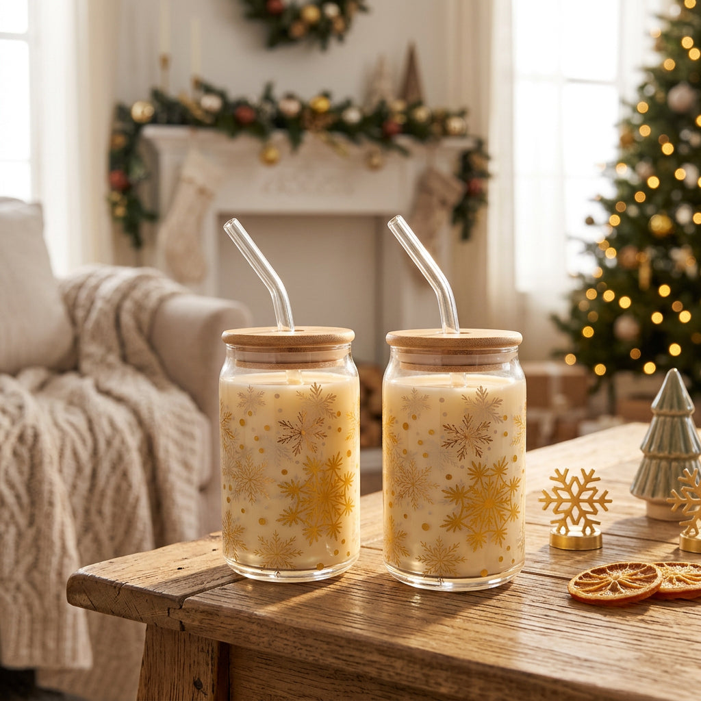 JS Gourmet Gobelets en verre avec couvercle en bambou et paille en verre, 350 ml (lot de 2) - Motif flocons de neige dorés - Simple Boutique
