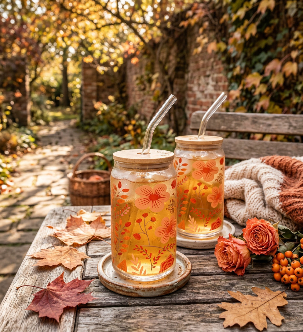 JS Gourmet Gobelets en verre avec couvercle en bambou et paille en verre, 350 ml (lot de 2) - Motif floral - Simple Boutique