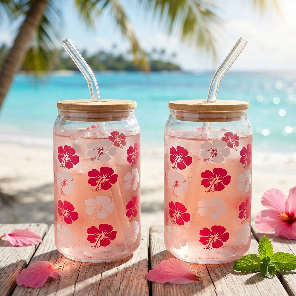JS Gourmet Gobelets en verre avec couvercle en bambou et paille en verre, 350 ml (lot de 2) - Motif floral - Simple Boutique