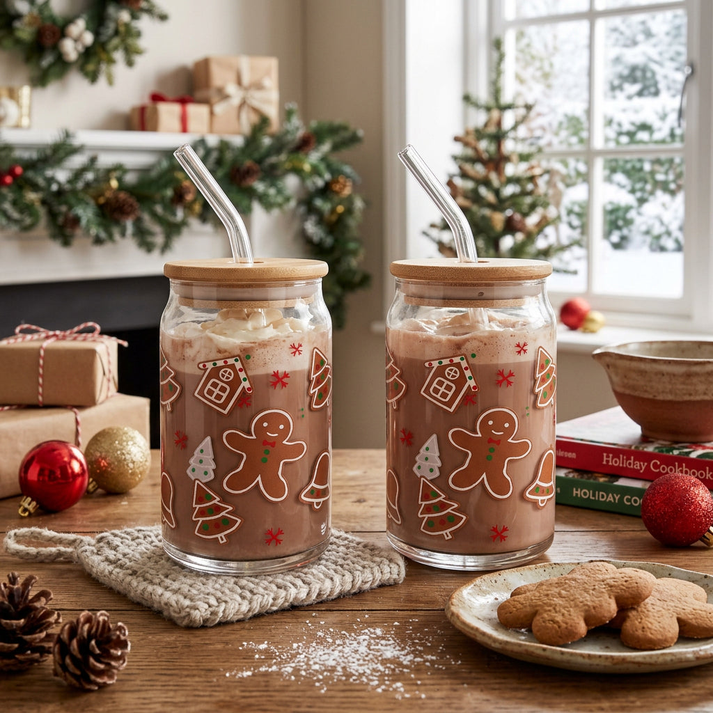 JS Gourmet Gobelets en verre avec couvercle en bambou et paille en verre, 350 ml - Motif pain d'épice - Lot de 4 - Simple Boutique