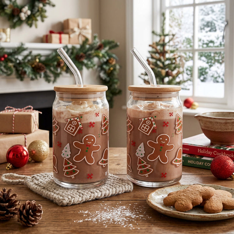 JS Gourmet Gobelets en verre avec couvercle en bambou et paille en verre, 350 ml - Motif pain d'épice - Lot de 4 - Simple Boutique
