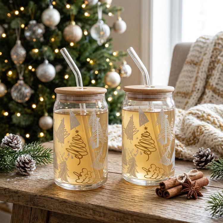 JS Gourmet Gobelets en verre avec couvercle en bambou et paille en verre, 350 ml - Motif sapin de Noël doré - Lot de 4 - Simple Boutique