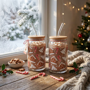 JS Gourmet Gobelets en verre avec couvercle en bambou et paille en verre, 350 ml (lot de 2) - Pain d'épice et canne à sucre - Simple Boutique