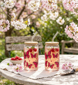 JS Gourmet Gobelets en verre avec couvercle en bambou et paille en verre, 350 ml (lot de 2) - Papillons - Simple Boutique