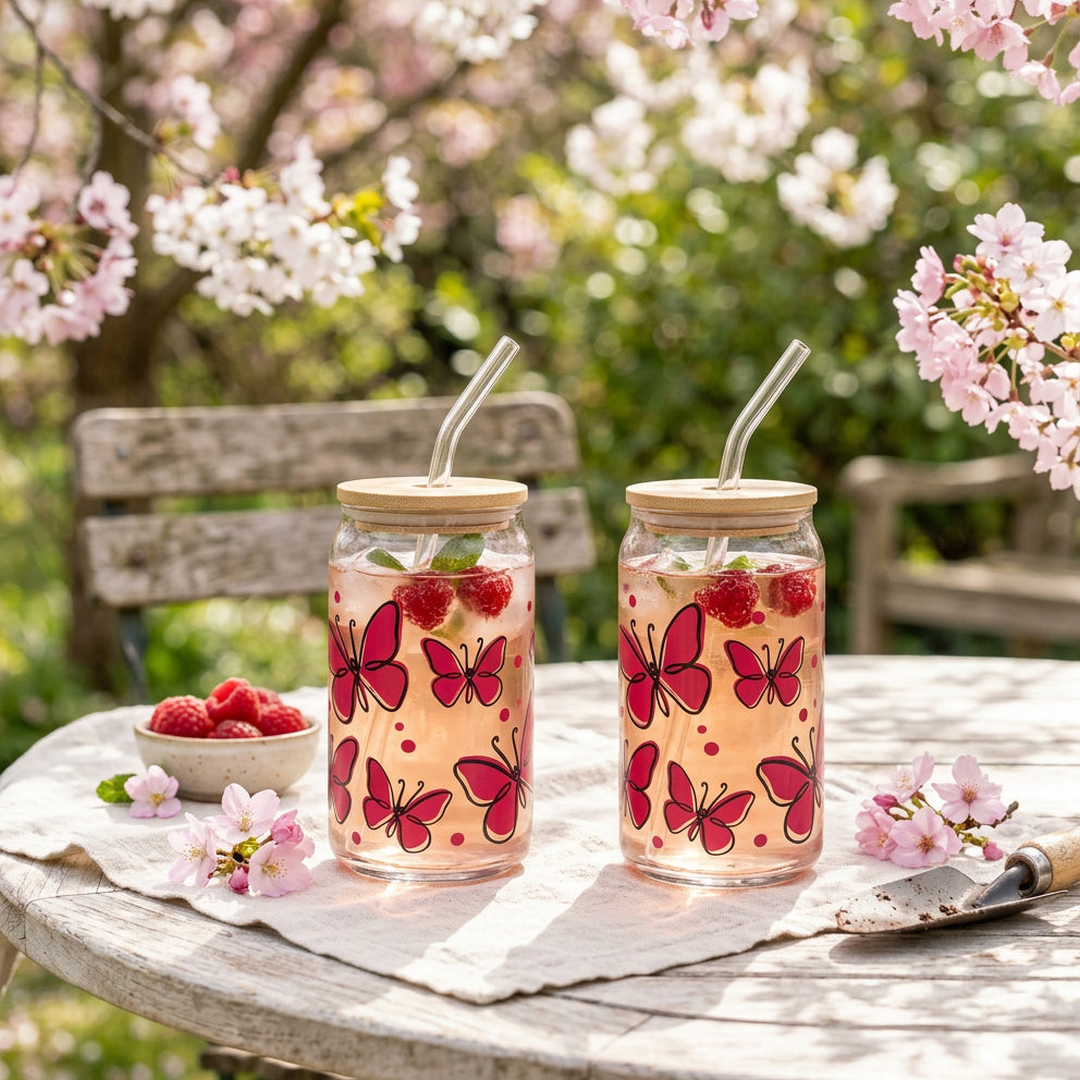 JS Gourmet Gobelets en verre avec couvercle en bambou et paille en verre, 350 ml (lot de 2) - Papillons - Simple Boutique