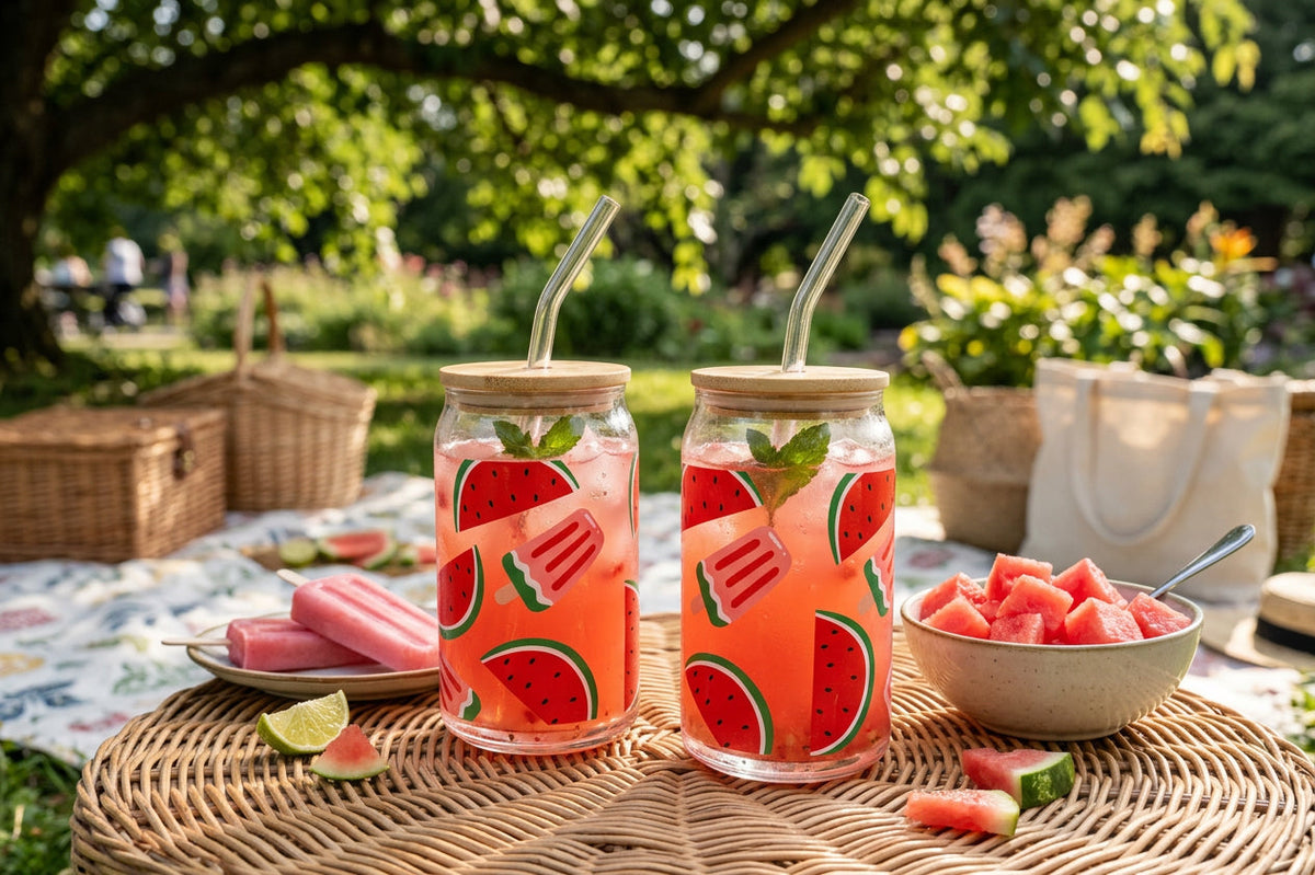 JS Gourmet Gobelets en verre avec couvercle en bambou et paille en verre, 350 ml (lot de 2) - Pastèque glacée - Simple Boutique