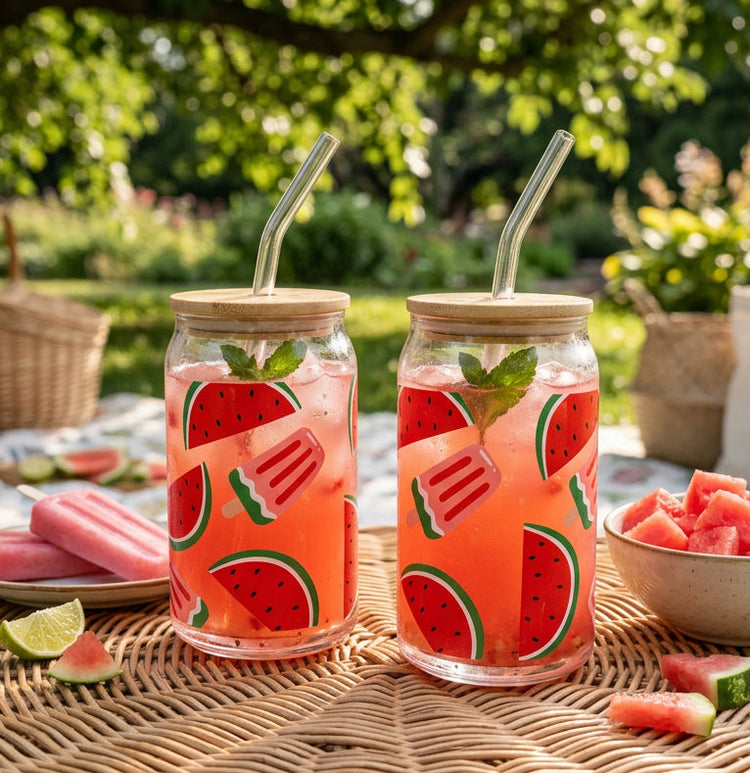 JS Gourmet Gobelets en verre avec couvercle en bambou et paille en verre, 350 ml (lot de 2) - Pastèque glacée - Simple Boutique