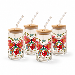 Gobelets en verre avec couvercle en bambou et paille en verre, 350 ml (lot de 4) - Butterfly Fiesta