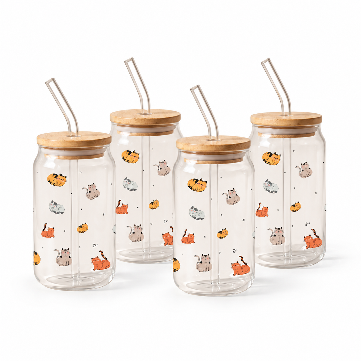 Gobelets en verre avec couvercle en bambou et paille en verre, 350 ml (lot de 4) - Chats
