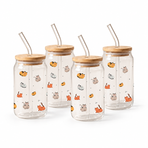Gobelets en verre avec couvercle en bambou et paille en verre, 350 ml (lot de 4) - Chats
