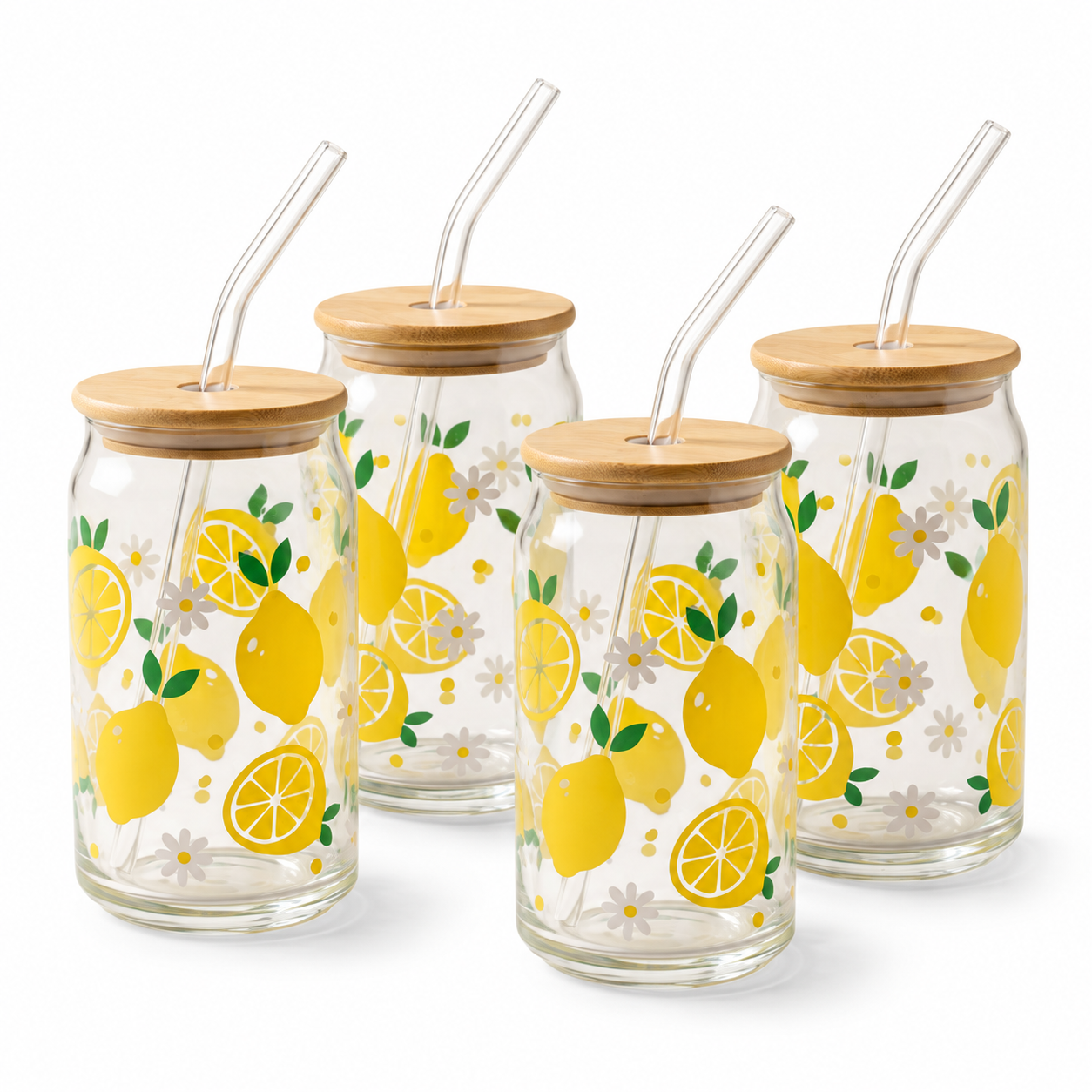 Gobelets en verre avec couvercle en bambou et paille en verre, 350 ml (lot de 4) - Citrons — lot complet sur fond blanc