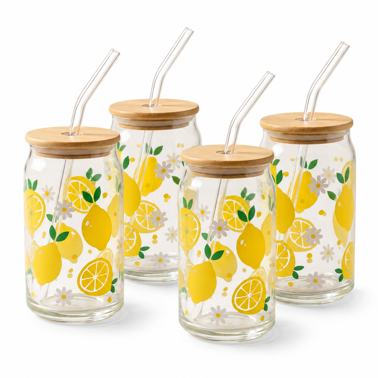 Gobelets en verre avec couvercle en bambou et paille en verre, 350 ml (lot de 4) - Citrons — lot complet sur fond blanc