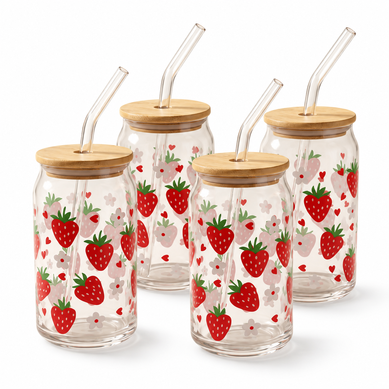 Gobelets en verre avec couvercle en bambou et paille en verre, 350 ml (lot de 4) - Fraise — lot complet sur fond blanc