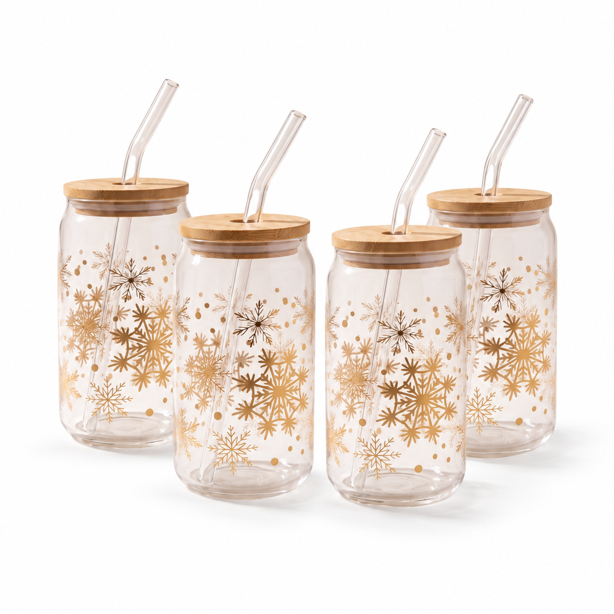Gobelets en verre avec couvercle en bambou et paille en verre, 350 ml (lot de 4) - Motif flocons de neige dorés