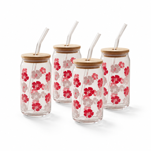JS Gourmet Gobelets en verre avec couvercle en bambou et paille en verre, 350 ml - Motif floral - Lot de 4 - Simple Boutique