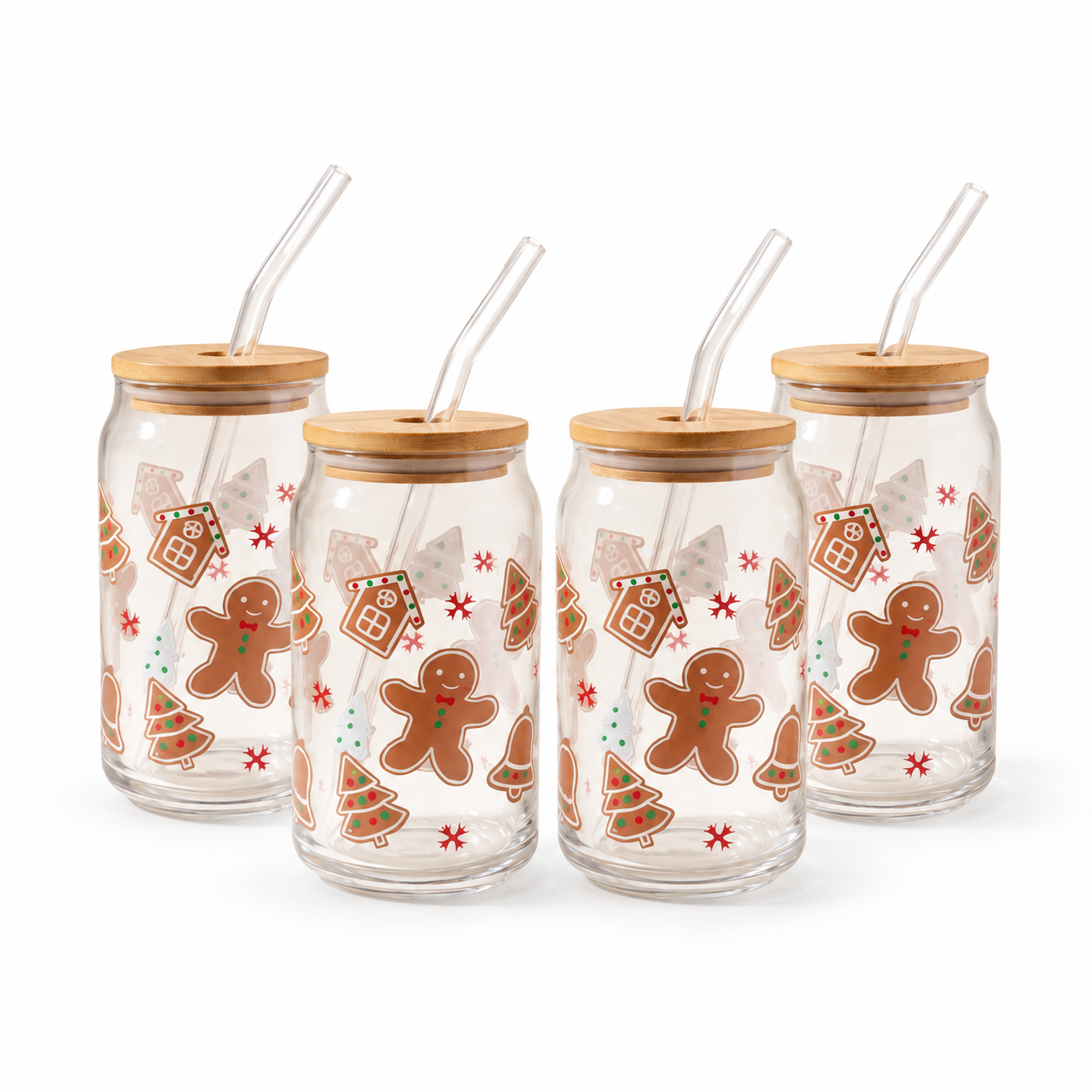 JS Gourmet Gobelets en verre avec couvercle en bambou et paille en verre, 350 ml - Motif pain d'épice - Lot de 4 - Simple Boutique