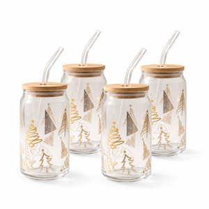 JS Gourmet Gobelets en verre avec couvercle en bambou et paille en verre, 350 ml - Motif sapin de Noël doré - Lot de 4 - Simple Boutique