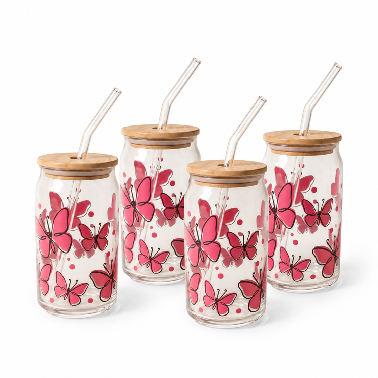 Gobelets en verre avec couvercle en bambou et paille en verre, 350 ml (lot de 4) - Papillons