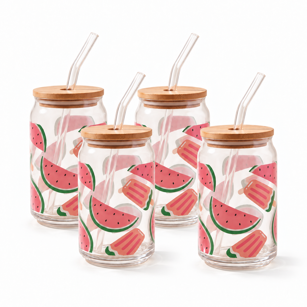 Gobelets en verre avec couvercle en bambou et paille en verre, 350 ml (lot de 4) - Pastèque glacée