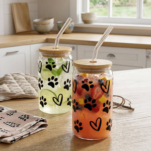 JS Gourmet Gobelets en verre avec couvercle en bambou et paille en verre, 450 ml - Empreinte de patte & Cœur - Lot de 2 - Simple Boutique