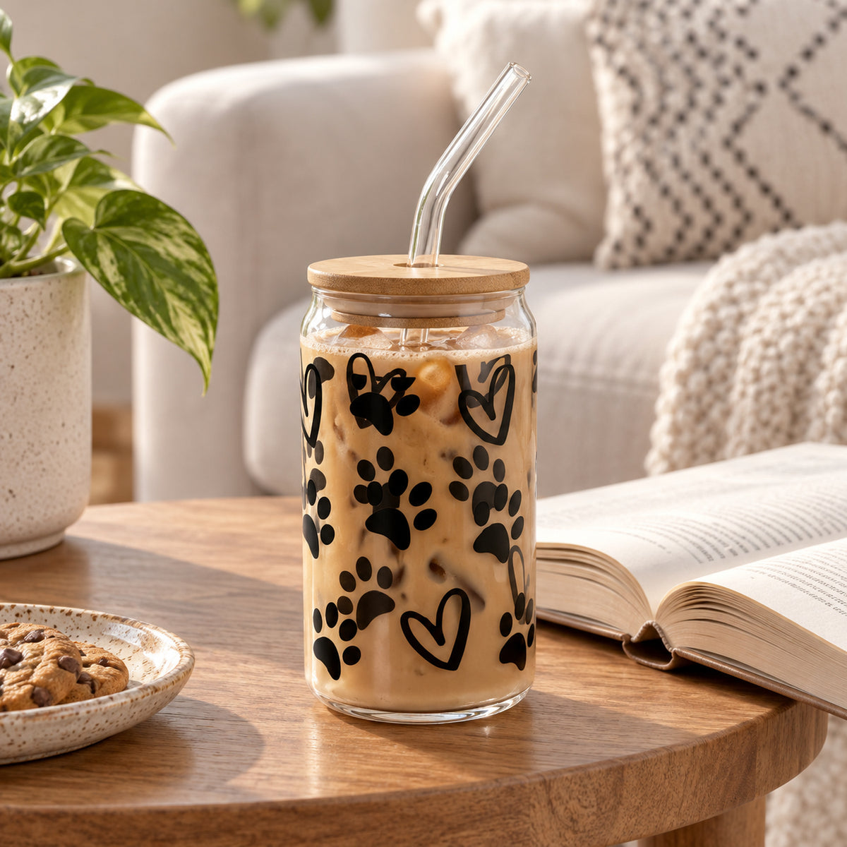 JS Gourmet Gobelets en verre avec couvercle en bambou et paille en verre, 450 ml - Empreinte de patte & Cœur - Lot de 2 - Simple Boutique