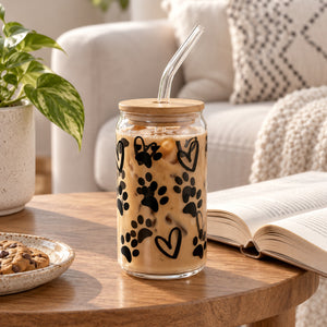 JS Gourmet Gobelets en verre avec couvercle en bambou et paille en verre, 450 ml - Empreinte de patte & Cœur - Lot de 2 - Simple Boutique