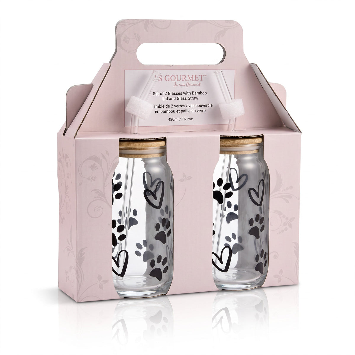 JS Gourmet Gobelets en verre avec couvercle en bambou et paille en verre, 450 ml - Empreinte de patte & Cœur - Lot de 2 - emballage - Simple Boutique